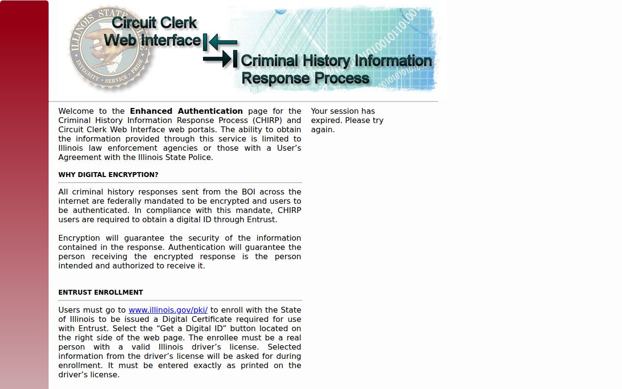 CHIRP authentication screen for Illinois criminal history inquiries