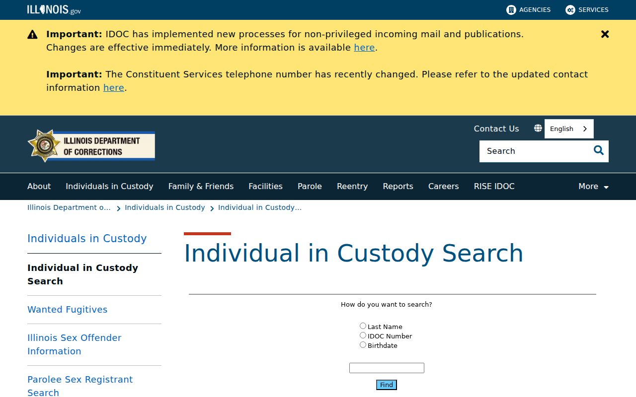 Illinois Department of Corrections custody locator fields