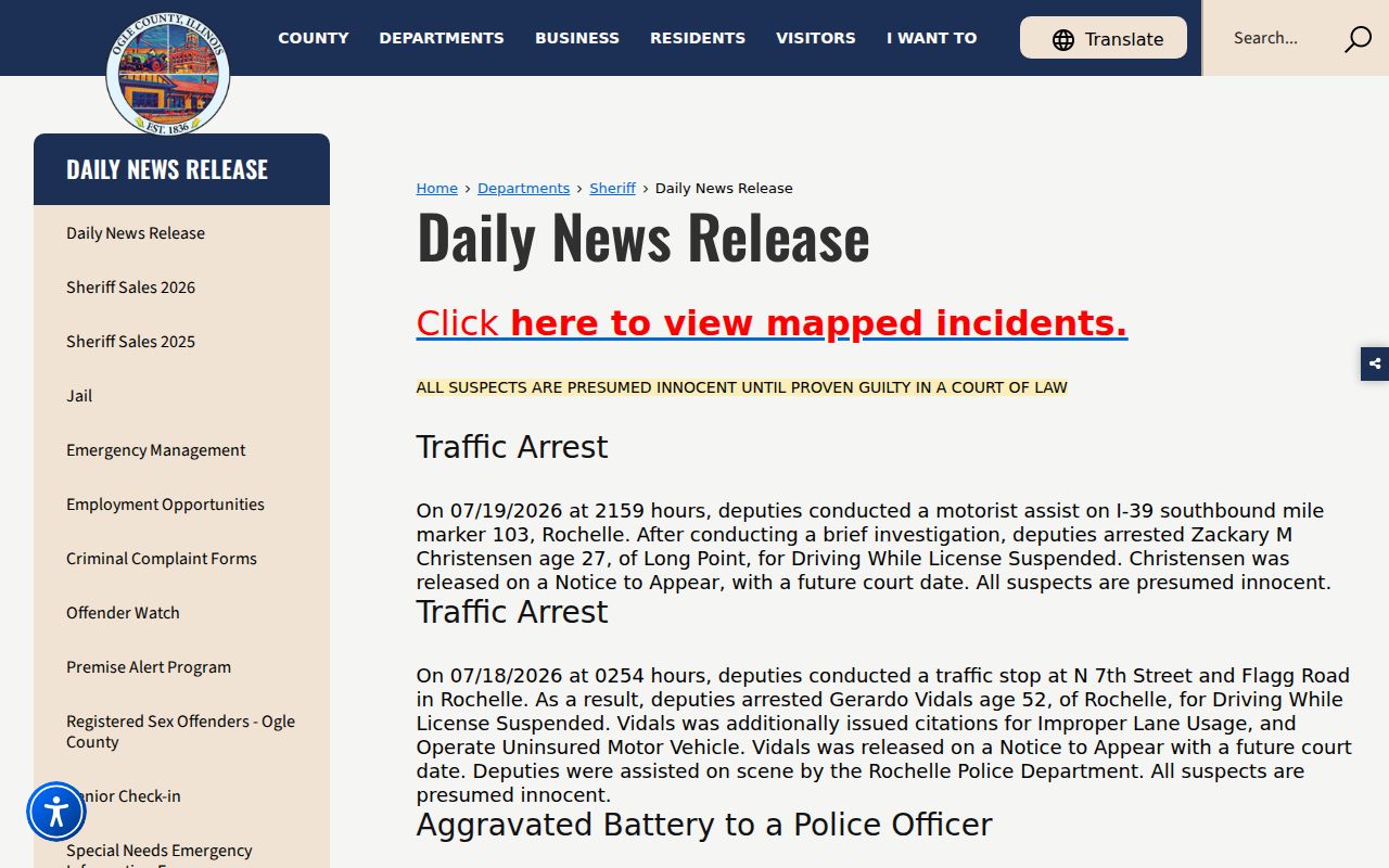 Ogle County Sheriff daily arrest and incident release page