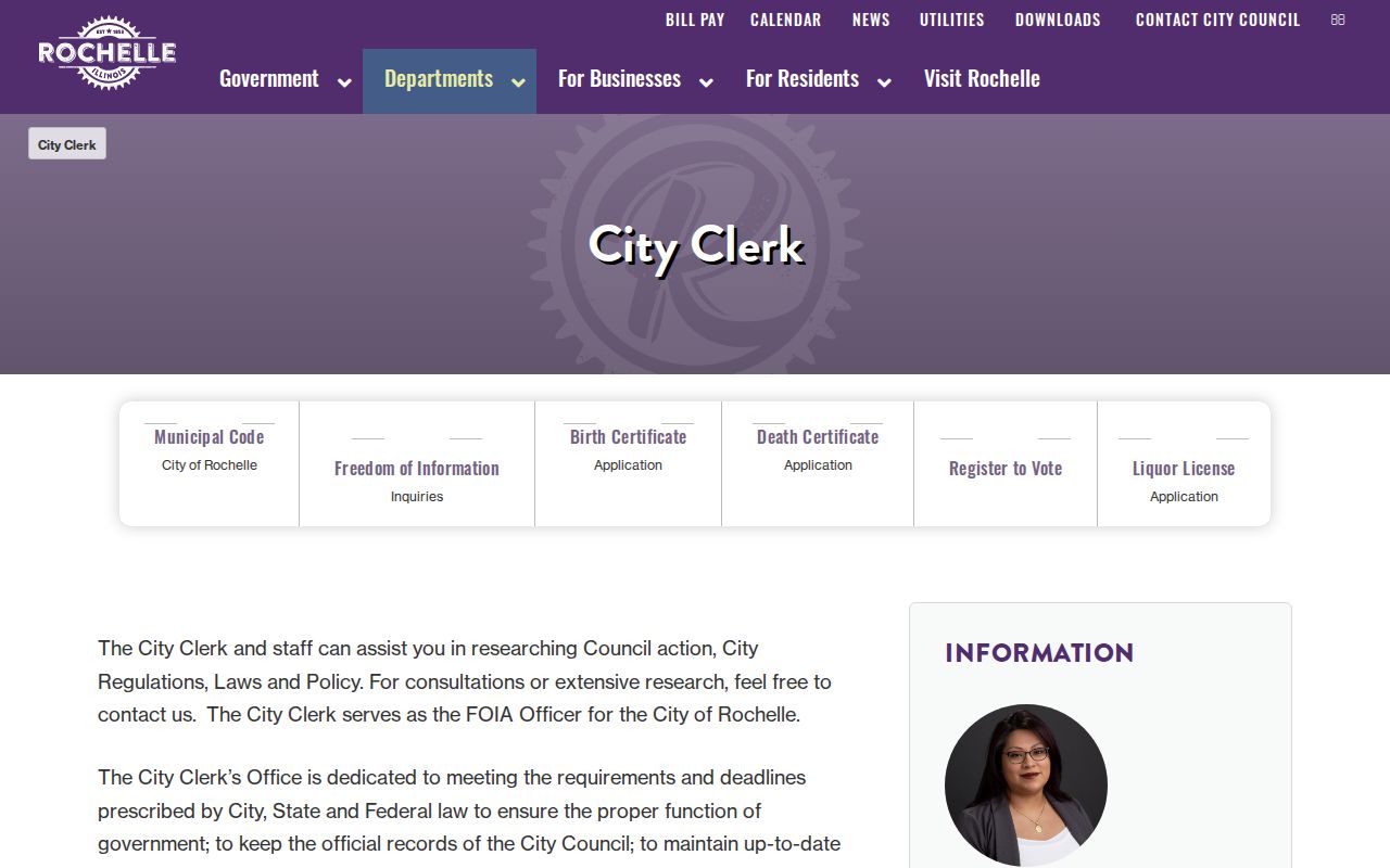Rochelle City Clerk page and municipal records contact